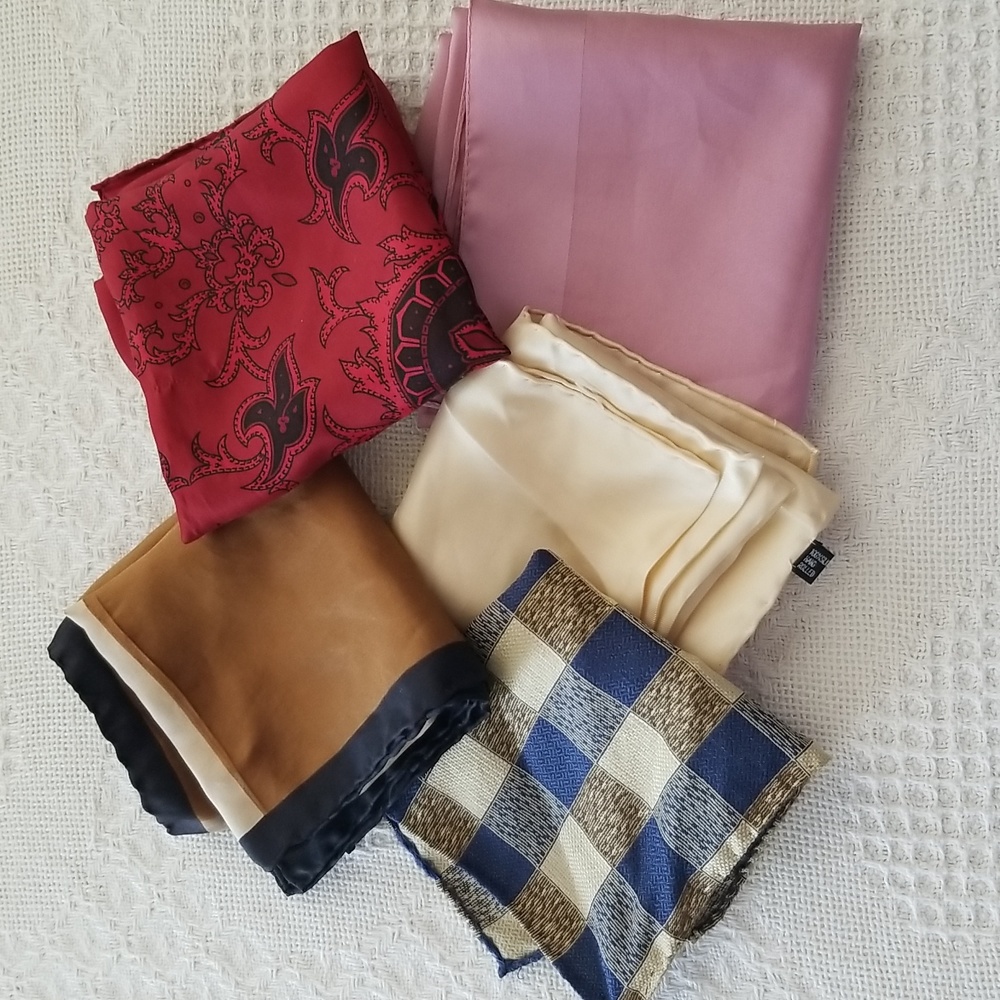 Vintage pocket squares. Assorted colors and sizes. 3 silk 2 polyester.